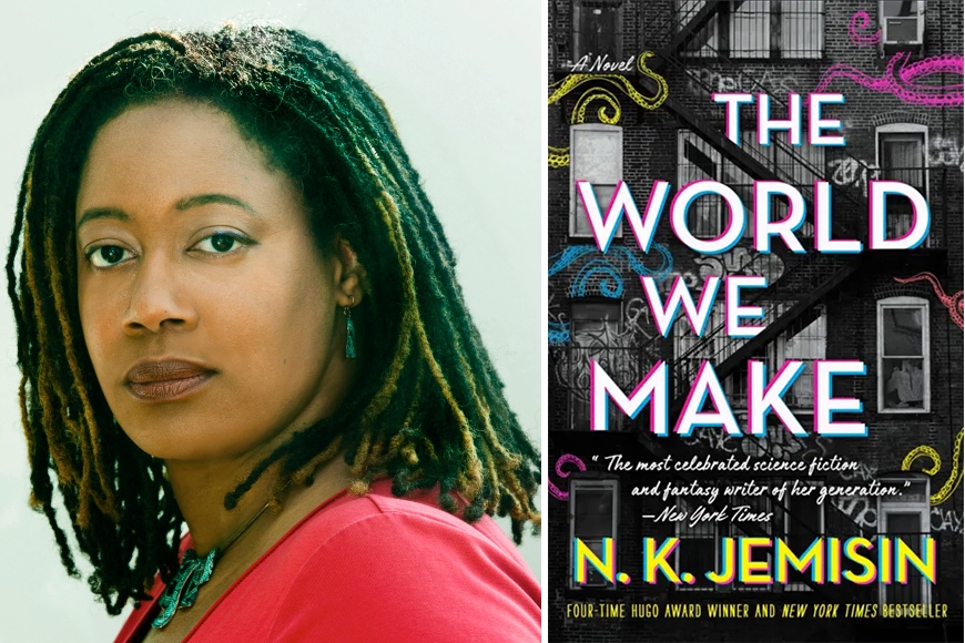 Head and shoulder of person with dark brown hair to shoulders, brown skin, wearing red shirt; to right book cover with photo of brick apartment and fire escapes behind text: The World We Make, N. K. Jemisin