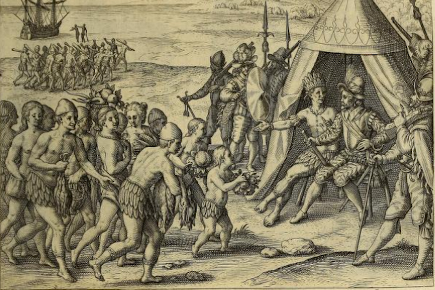 Printed early modern coastal scene. Colonial soldiers in European armor receive gifts by indigenous community members in leaf skirts. A ship in the background.