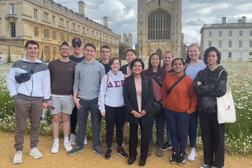 Professor Fahima Aziz and a group of students visit King's College Chapel, University of Cambridge