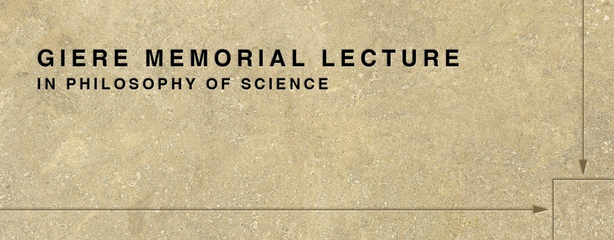 Giere Memorial lecture logo, black text on tan stone background with arrows and box representing the mapping work of Ron Giere