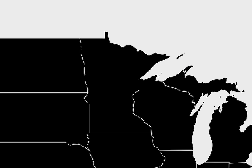 Map of the Upper Midwest centered on Minnesota, showing states in black with grey outlines