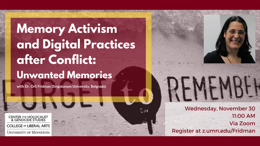 Flyer for Memory Activism and Digital Practices after Conflict event with logistical details and photo of the author.