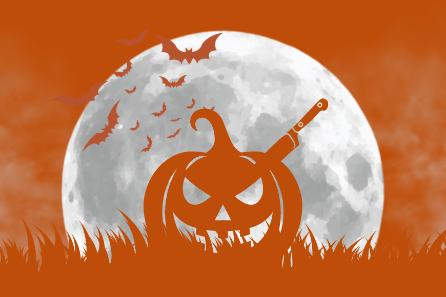 Moon with silhouette of bats and pumpkin with knife in front