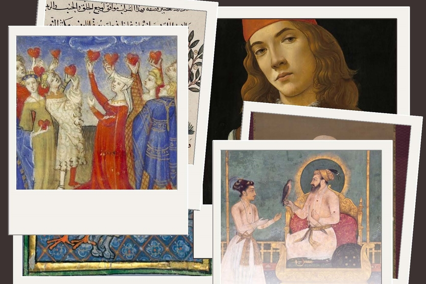 A collage of polaroid framed photos of manuscripts and premodern art.