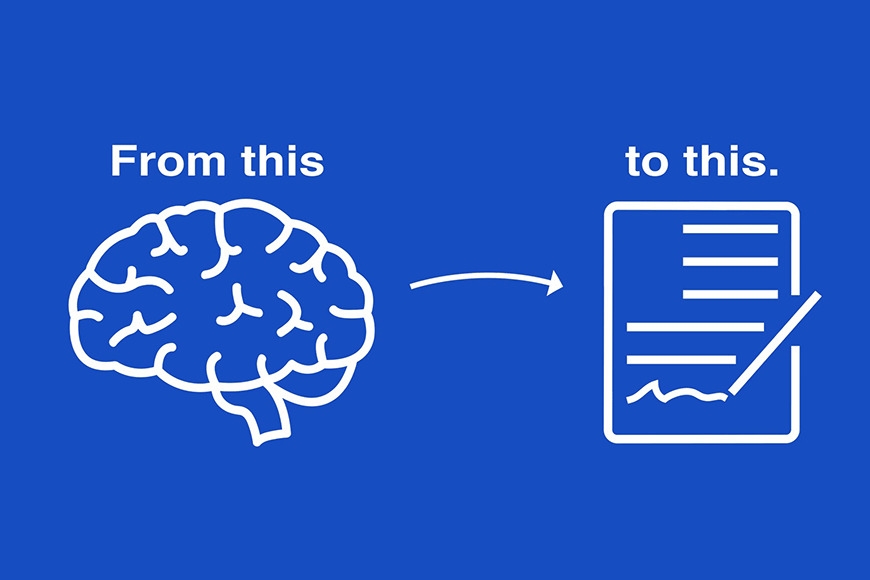 Brain icon on the left with arrow pointing to a document icon on the right, overlay text: "From this to this"