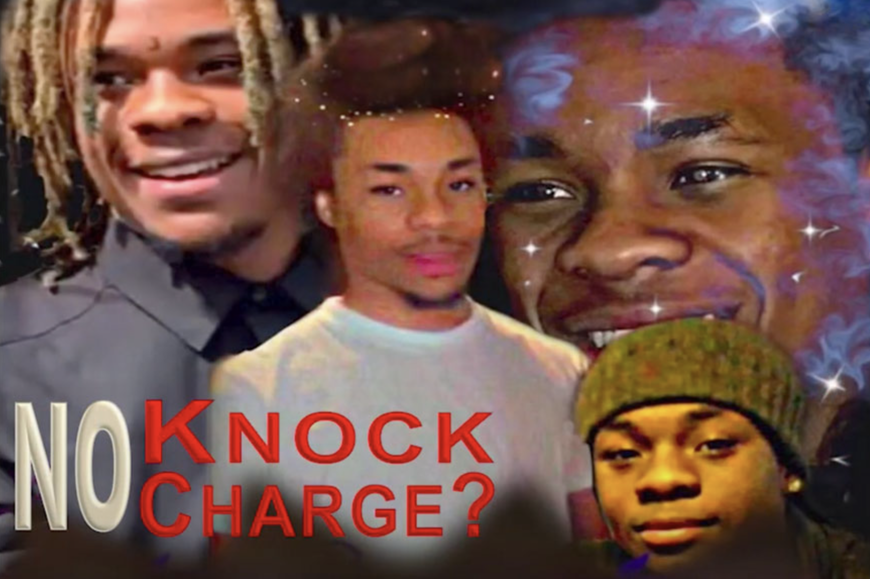 Collage image of faces with text overlay reading "No knock, no charge?: