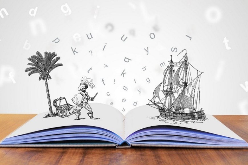 stylized image of an open storybook with a pirate, a sail ship, and a stream of letters emerging from it