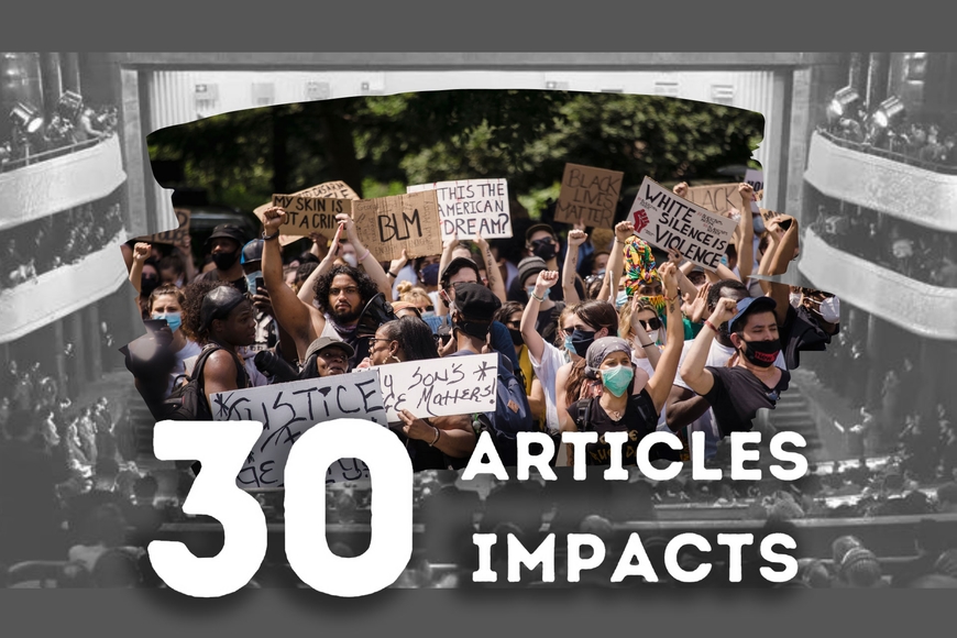 "30 Articles 30 Impacts" layered above a photo collage of protesters and an auditorium