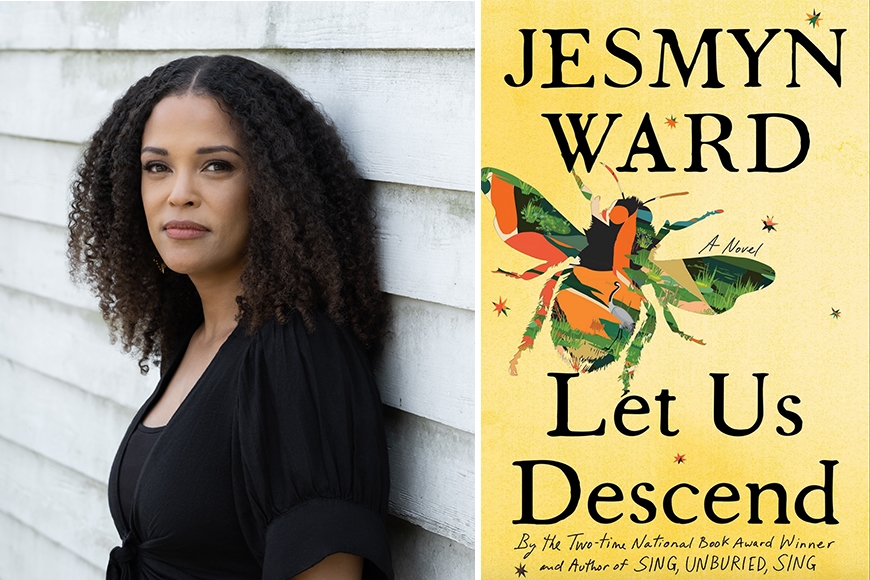 On left, head and upper torso of person with dark curled hair past shoulders, light brown skin, wearing black shirt; to right, yellow book cover with colored bee image and black text: Jesmyn Ward Let Us Descend