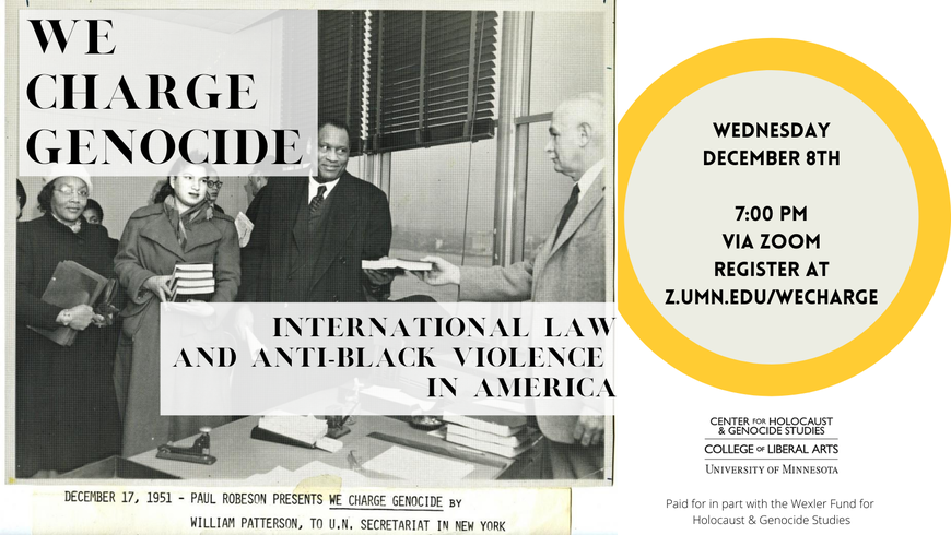Event image feature information about the program over a photograph of the We Charge Genocide petition being delivered
