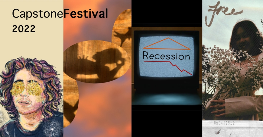 Four images are spliced together: on the far left is an image of a person with sunglasses and dark, shoulder-length hair. The second image shows shadows with swirls of orange and purple. The third image had a TV with the word "Recession". The last image to the far right says "free" in a paintbrush-type font, and a photo of a woman holding a bouquet of baby's breath flowers.