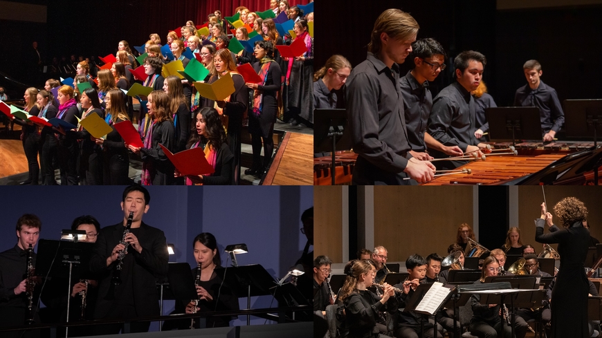 Upper left: Choir, Upper right: Percussion Ensemble, Lower left: Clarinet Studio, lower right: UWE with Emily Threinen