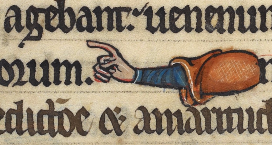 A manicule in a manuscript with the hand pointing to the left.