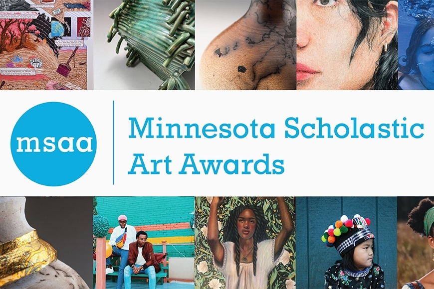 A grid featuring snippets of different artworks with “MSAA, Minnesota Scholastic Art Awards” logo in teal across the middle.