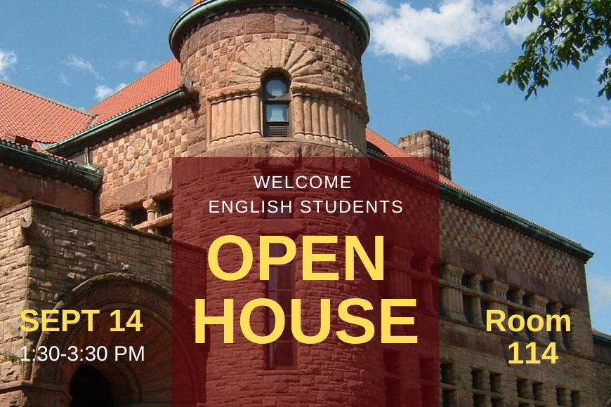 sandstone brick building with tower in front and red clay roof; red transparent square in center with text: Welcome English Students, Open House; and text to either side: Sept 14, 1:30-3:30 pm, Room 114
