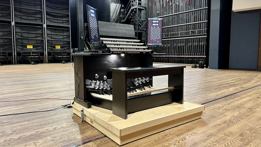 Virtual Pipe Organ stands on the Ted Mann Concert Hall stage. 