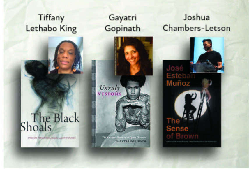 Book covers for three books and three portraits of each book's author