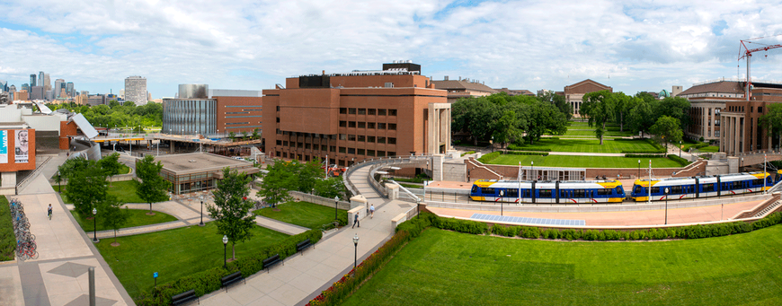A panoramic view of the campus lawn from Coffman Student Union.