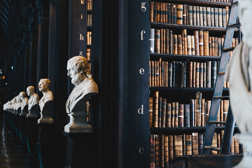 Photo of bust sculptures in a library