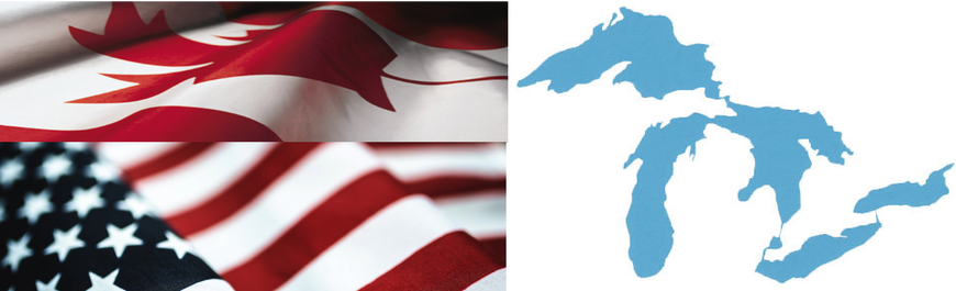 Snapshot of Canada Flag, of the US Flag, and of the Great Lakes