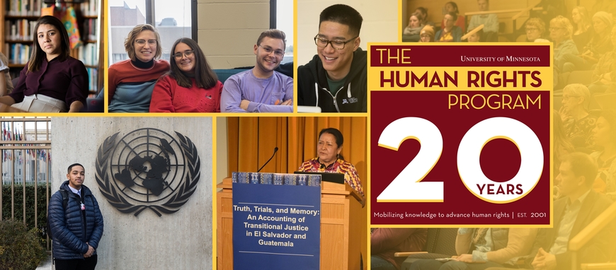 Photo montage of students and attendees at events with a 20th Anniversary Human Rights Program logo