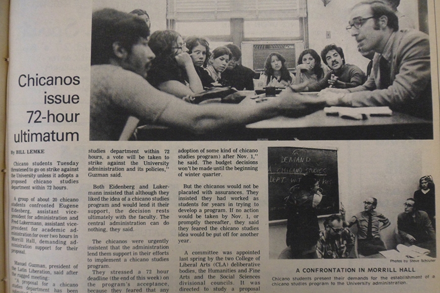 Clipping of newspaper with story about Chicano students protest