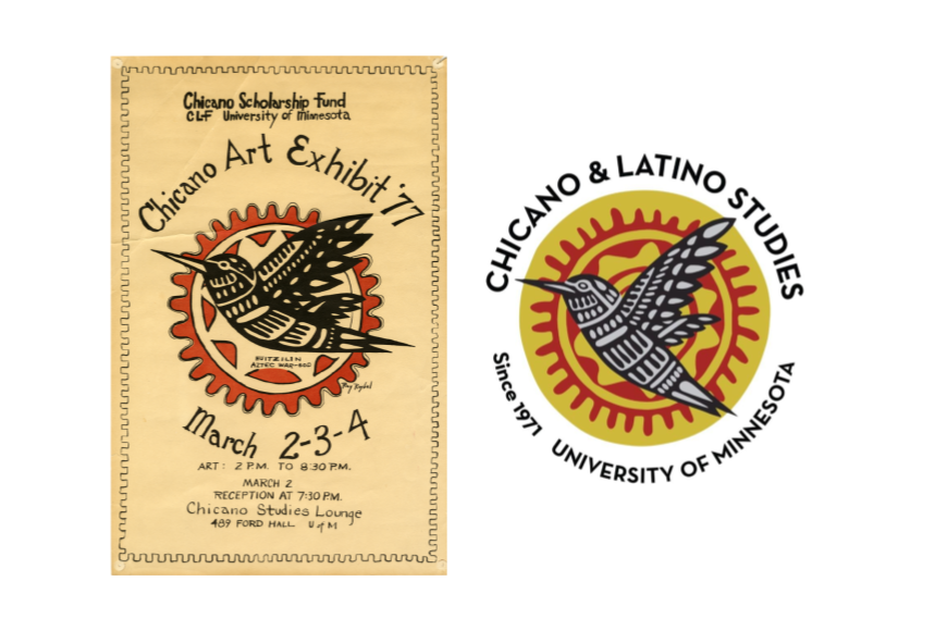 On the left, a scanned image of an art exhibition poster from the 1970's, featuring a hummingbird at its center. On the right, the modernized version of the hummingbird image, at the center of the Chicano and Latino Studies Department's logo.
