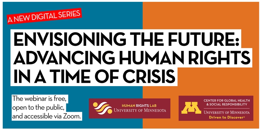 Teal and orange banner image introducing virtual series "Envisioning the Future: Advancing human rights in a time of crisis"