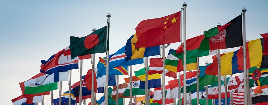 Photo of flags of many countries flying from flag poles