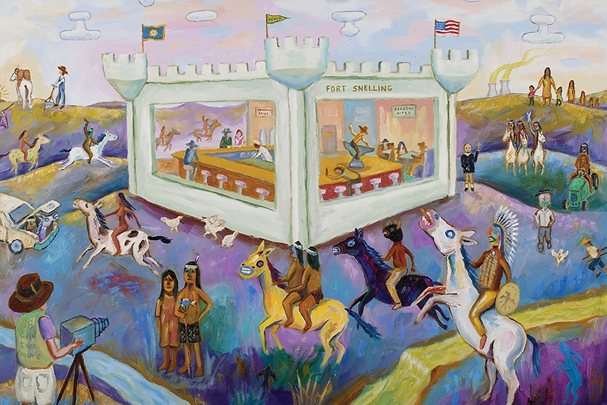 A painting of Fort Snelling with Native Americans and horses