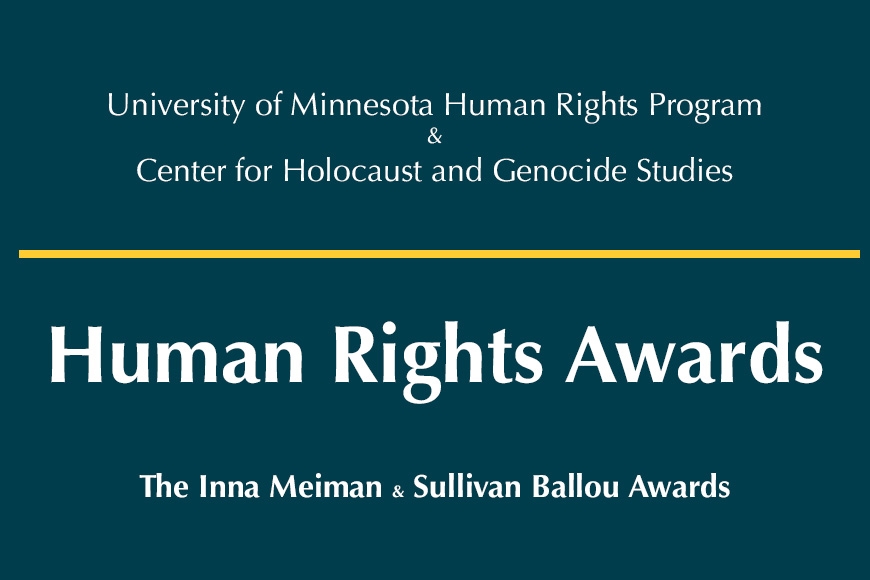 Blue, gold and white logo with text Human Rights Program and Center for Holocaust and Genocide Studies presenting Human Rights Awards