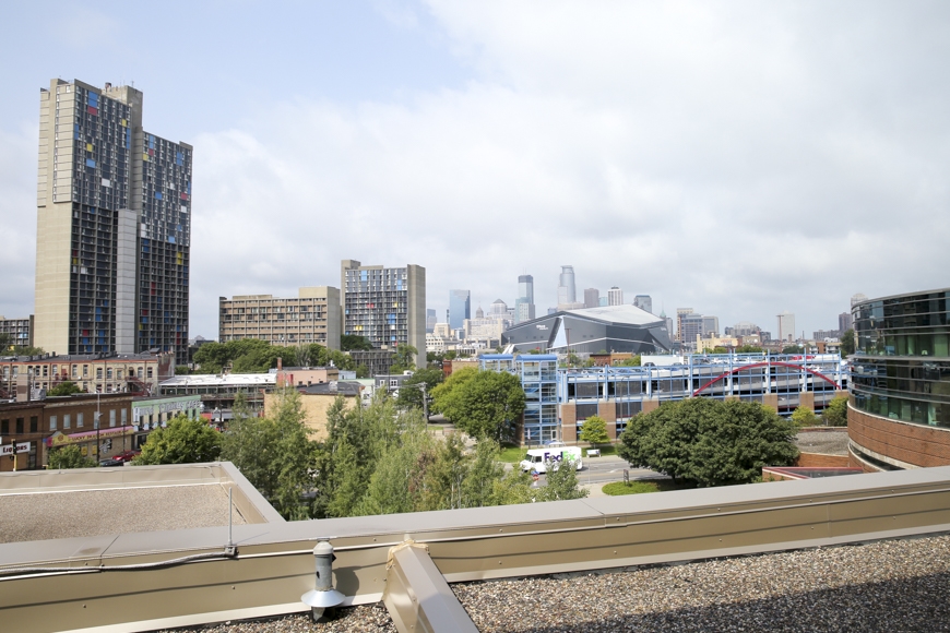 View of the downtown Minneapolis skyline and bulidings in the Cedar-Riverside neighborhood viewed from Hanson Hall, home of the Department of Economics