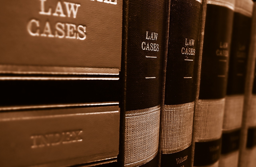 Brown books on a shelf that say "Law Cases"