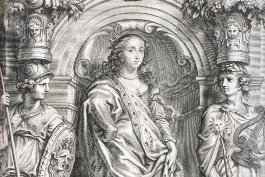 1668 Frontispiece to Grounds of Natural Philosophy, featuring Margaret Cavendish