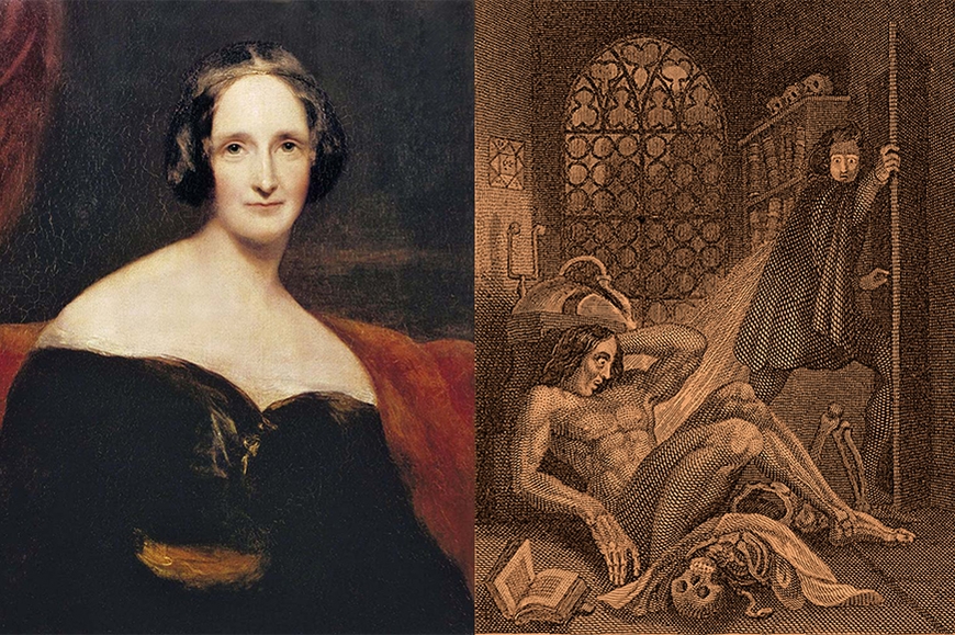 Portrait of Mary Shelley next to Frankenstein illustration