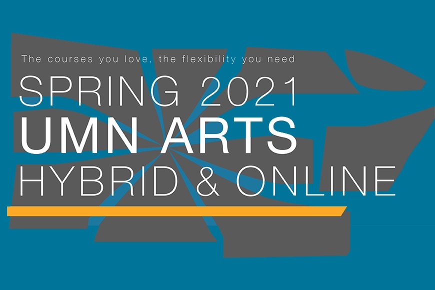 Graphic promo for Spring 2021 ARTS courses featuring abstract geometric shapes overlaid with text