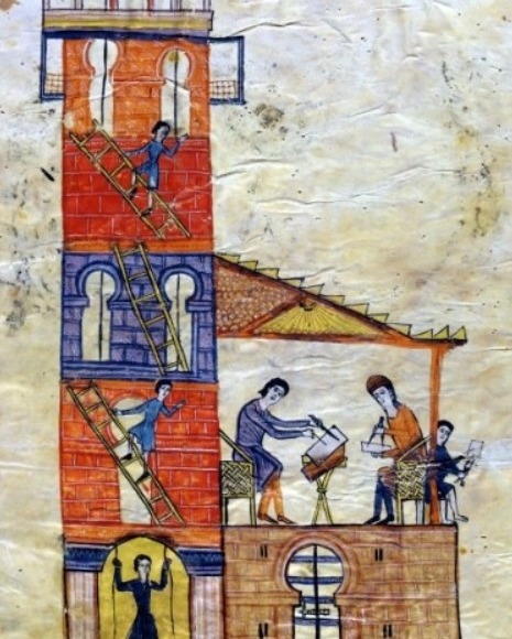 Medieval painting of a building with people writing at desks, working with compasses, and ringing bells.