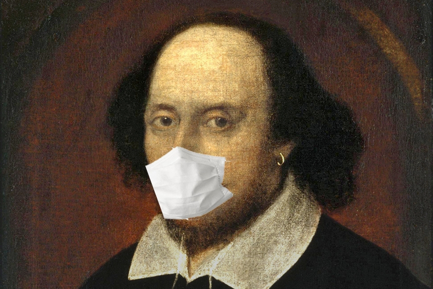 Painting of William Shakespeare with mask photoshopped over his nose and mouth 