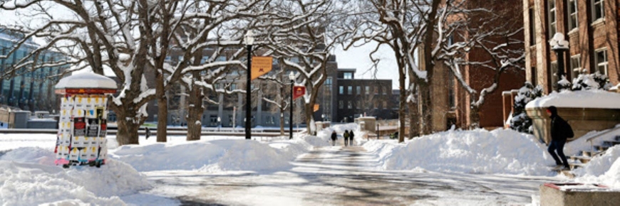 Sunny winter scene from Northrop Mall looking toward Coffman Union. A few students are walking on the sidewalk