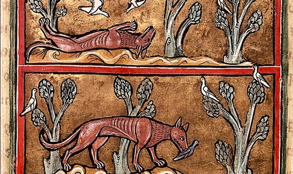 A medieval painting of a dog, birds, and trees.