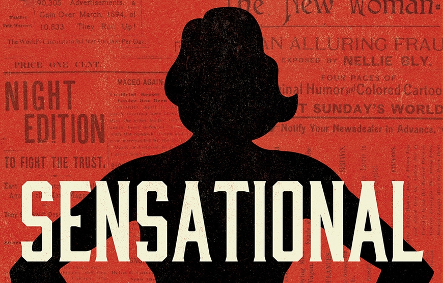Detail from cover of Prof Kim Todd's book SENSATIONAL with that pale yellow text over black silhouette of woman's head and shoulders and red background with images of newspaper headlines