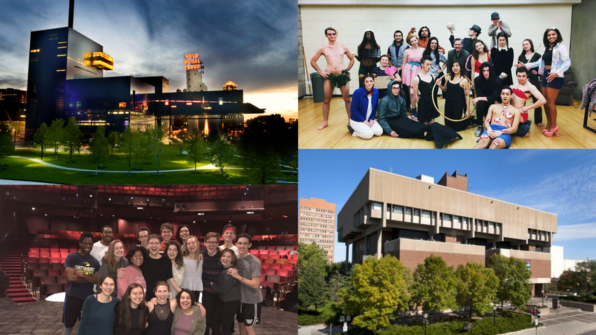 Collage of photos: upper left is a photo of Guthrie Theatre building, bottom left is group photo in auditorium, top right is class photo, bottom right is photo of Rarig
