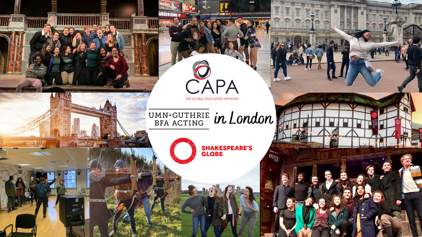 Study Abroad BFA Program Image: Different photos from travels surround the Guthrie UMN BFA logo