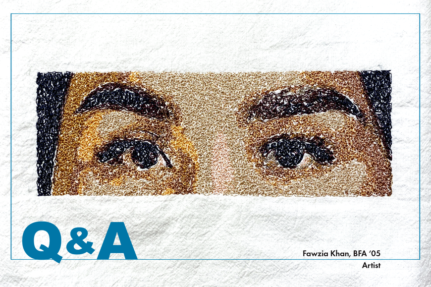 Embroidered image of eyes on a white cloth. Blue "Q&A" in lower left corner.