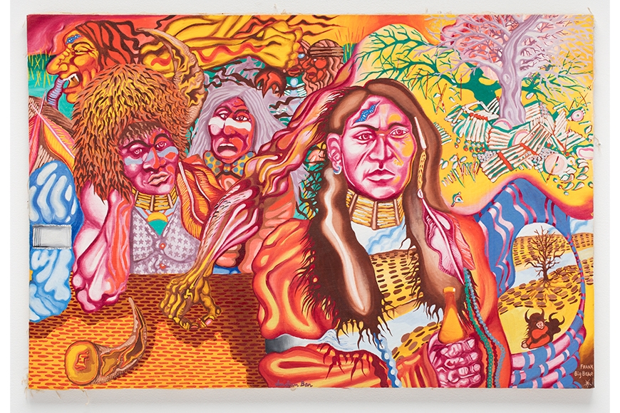 Psychedelic colors make up four Native American figures receding into a surreal landscape of body parts, plants, and patterns.