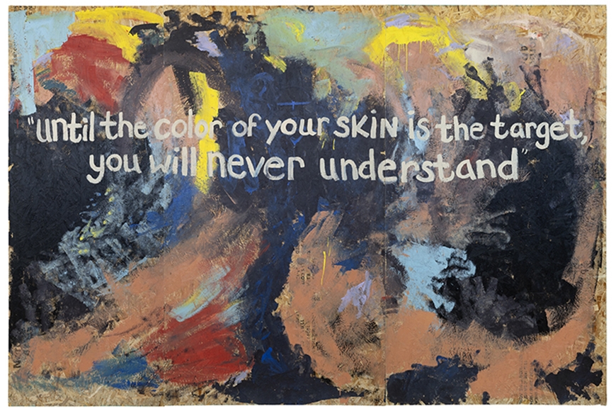 Text reading “until the color of your skin is the target you will never understand” is superimposed over an abstract splash of colors that appear to suggest water-like movement or a wave.