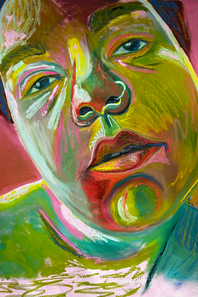 A brightly colored painting of a face giving a serious look. The head is tilted at an angle, and there are many painted textures and various saturated colors. 