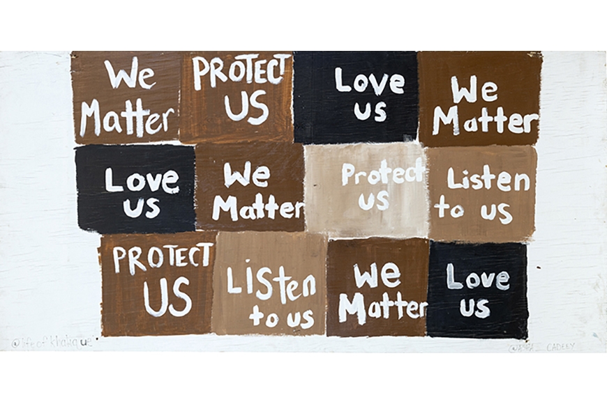  A grid of twelve imperfect squares shows a spectrum of skin-tones with a selection of repeating phrases that read “We Matter,” “Protect Us,” “Love Us,” and “Listen to Us.” 