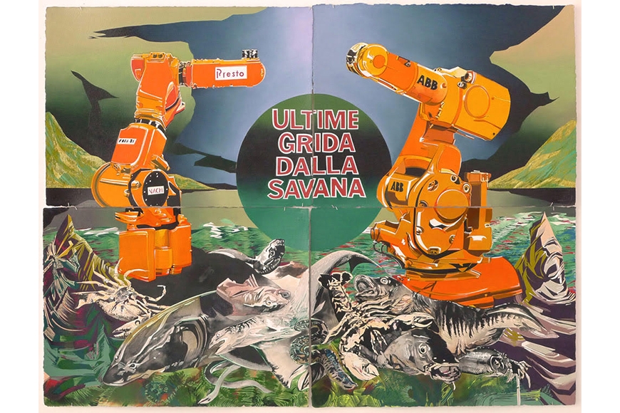 Two machining robots stand on top of a pile of dying fish and crustaceans while the Italian words, Ultime grida dalla savanna, sit inside of an ombre colored circle positioned between the robots.