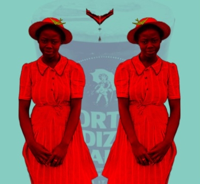 Two adjacent tinted red young Black women in straw hats are superimposed over a Morton Salt logo on a light blue background.